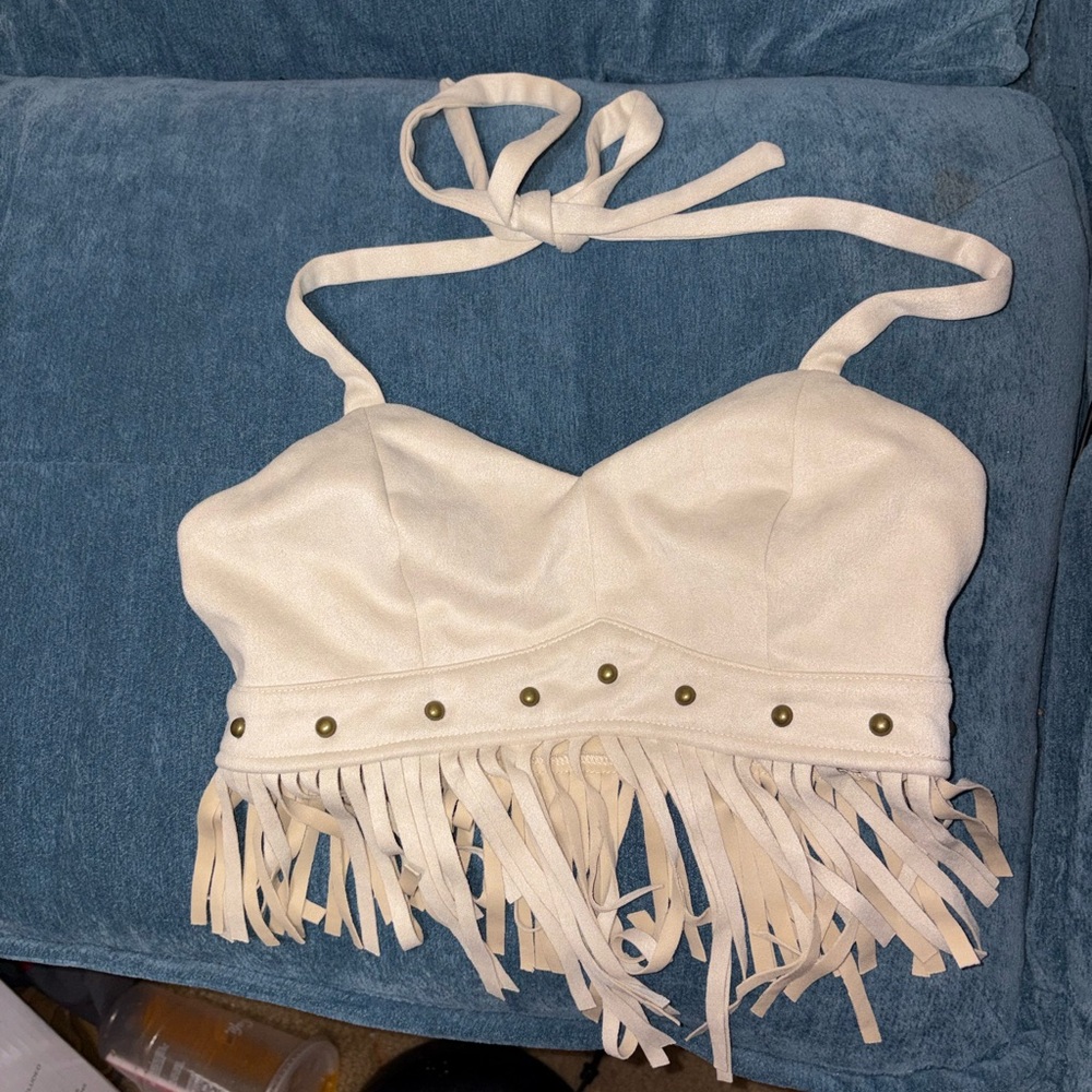 White Fringe Halter Top